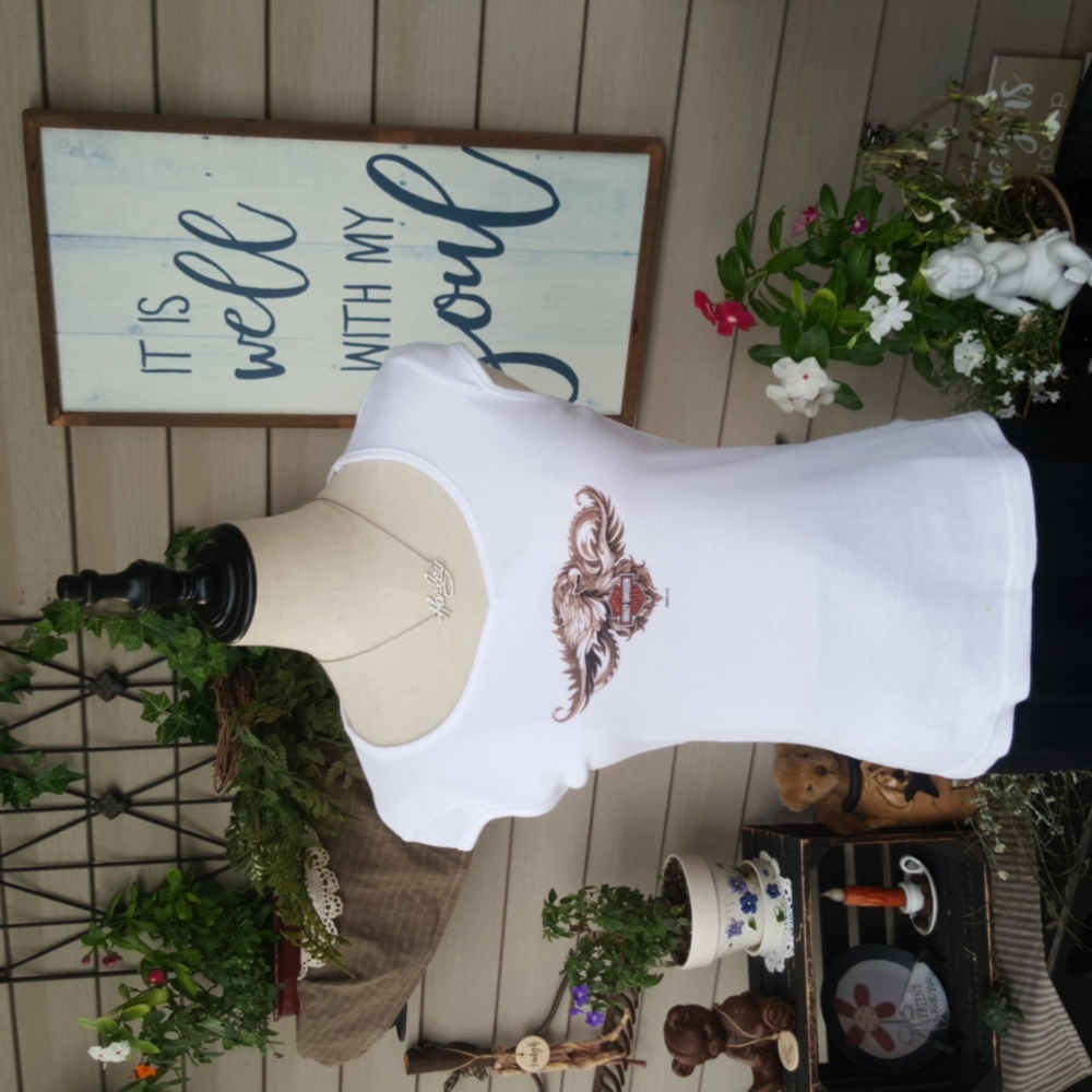 HARLEY-DAVIDSON ♡ Sweet Vintage Short Sleeve White|Brown Graphic Eagle H-D Top S